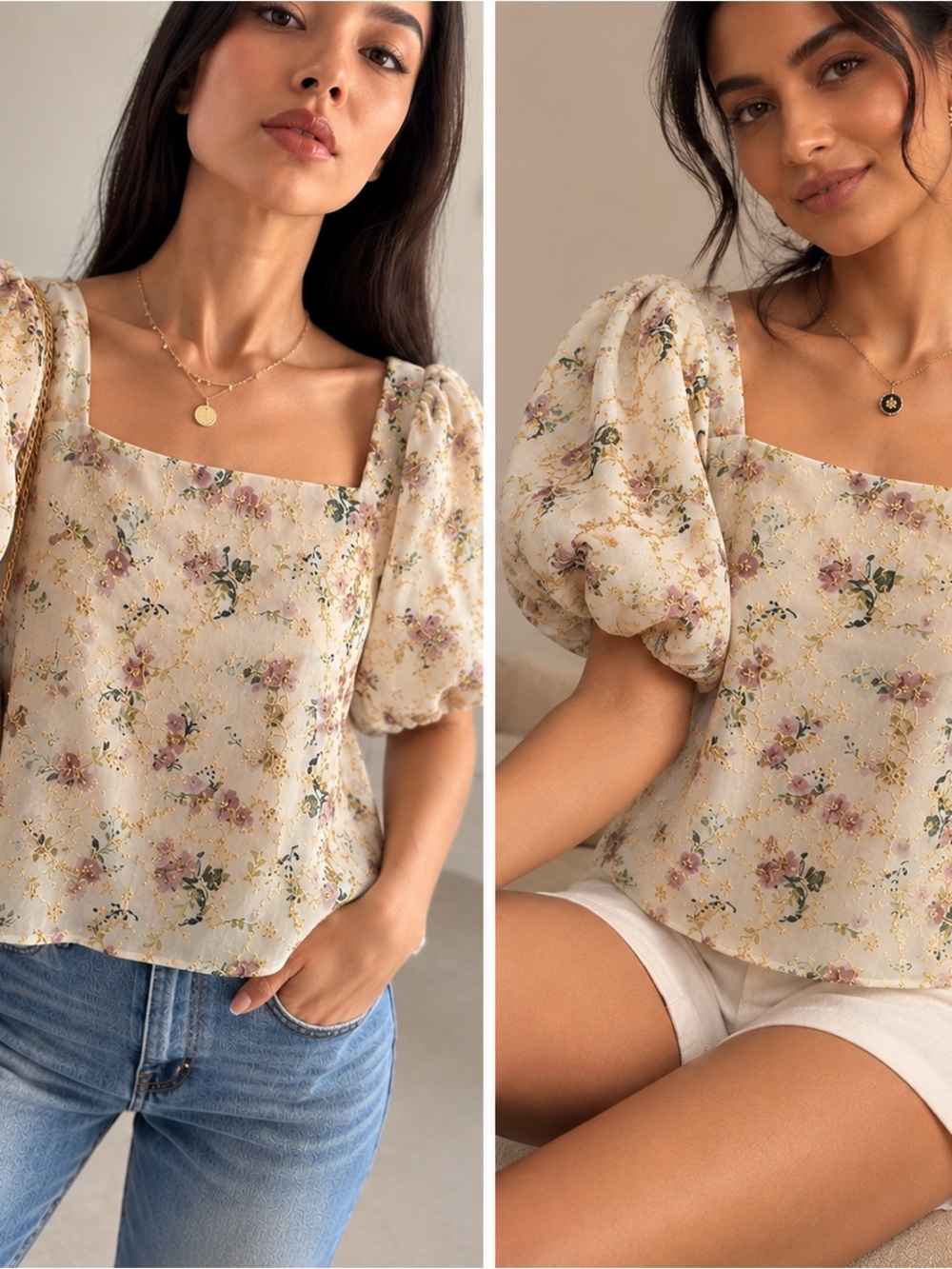 Chicwish Ivory Floral Gold Embroidered Blouse Romantic Cottagecore Top